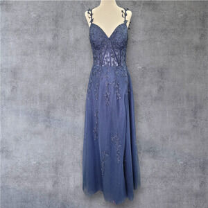 NWT Vine Dress with Semi-Sheer Bodice Corset Tulle Navy Blue Sparkle
